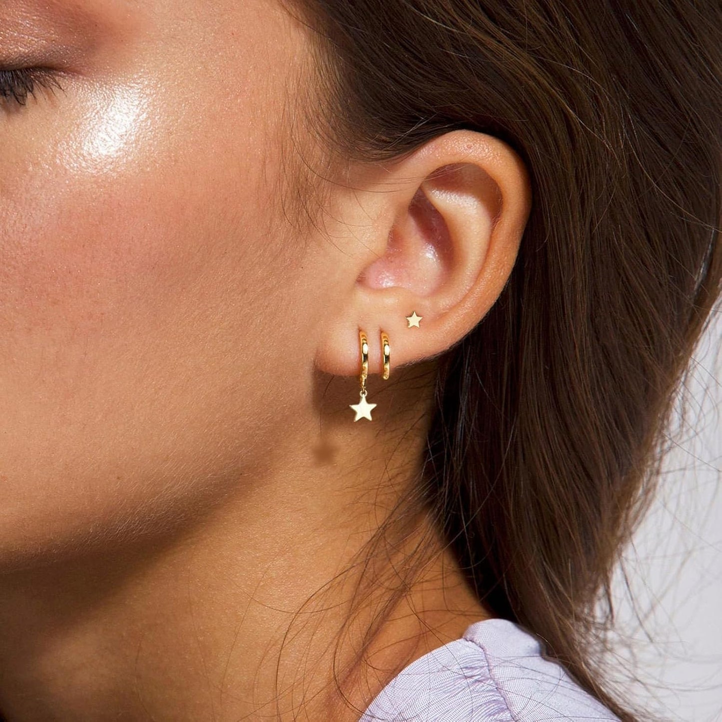 3 Pairs Small Gold Hoop Earring, 14K Gold Plated Earring Stacks Butterfly Heart Star Moon Bow Four Leaf Rhombus Round CZ Pearl
