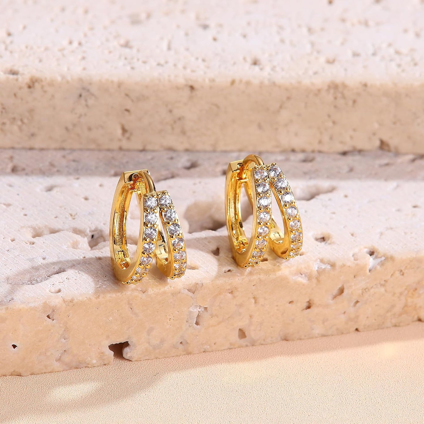 3Pairs 925 Sterling Silver, 14K Gold Plated Small Huggie Hoop Earrings Sets for Multiple Piercing CZ Cartilage Earrings Stacks