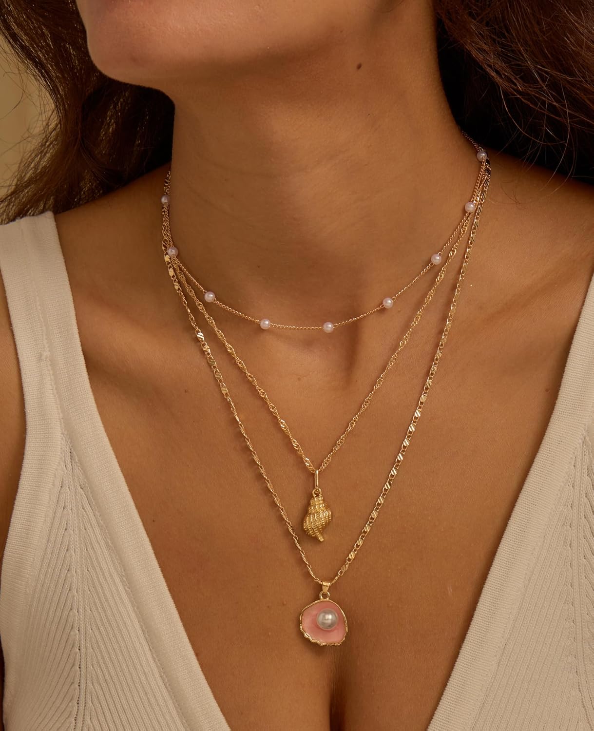 Layered Gold Shell Necklace With Conch & Starfish Pendant - Boho Non-Tarnish Summer Beach Vacation Jewelry Gift For Women