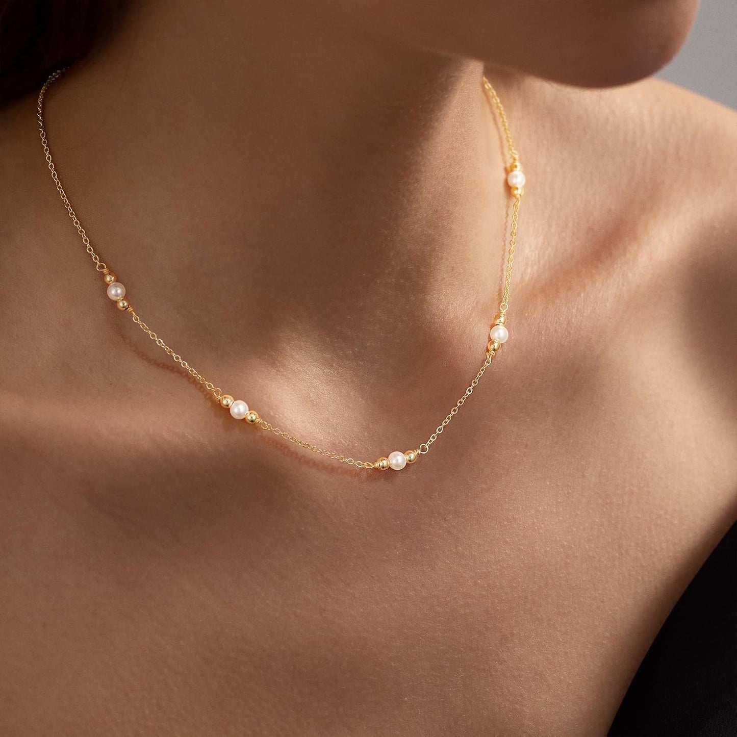 14K Gold Plated Charm Choker Necklace with Pearl & Clover, Cubic Zirconia Dainty Trendy Jewelry Gift for Women