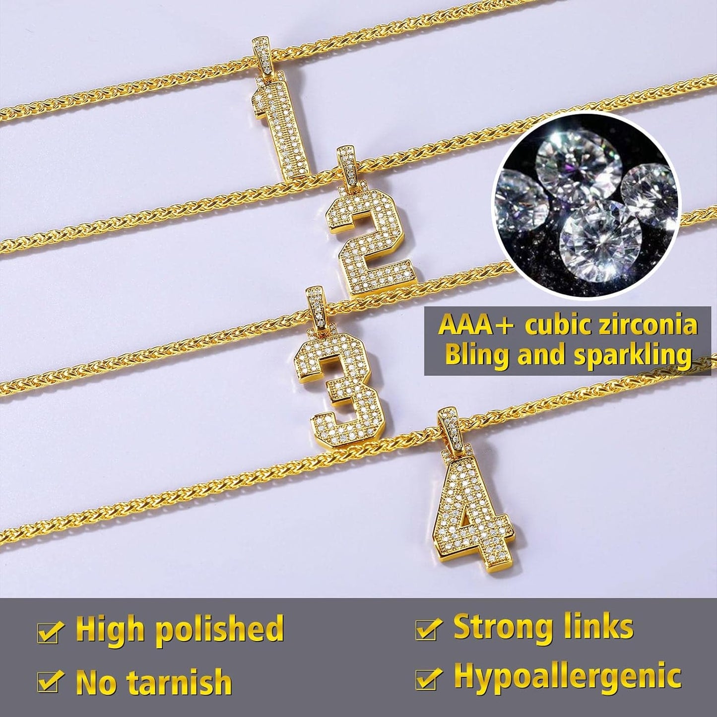 Bling Number Necklace Baseball Chain 14K Gold Plated Sports Football Zirconia Iced Name Jewelry for Men Boys, Tennis Chain 18'' To 30'' + Gift Box