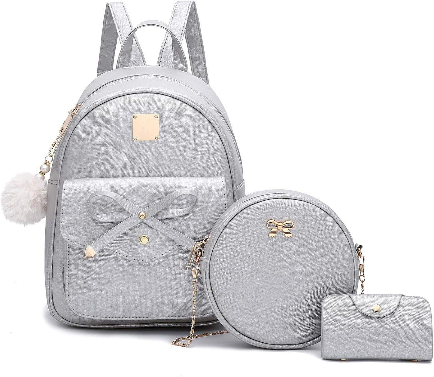 3-Pieces Girls Bowknot Fahsion Leather Backpack Backpack Purse for Women Rucksack