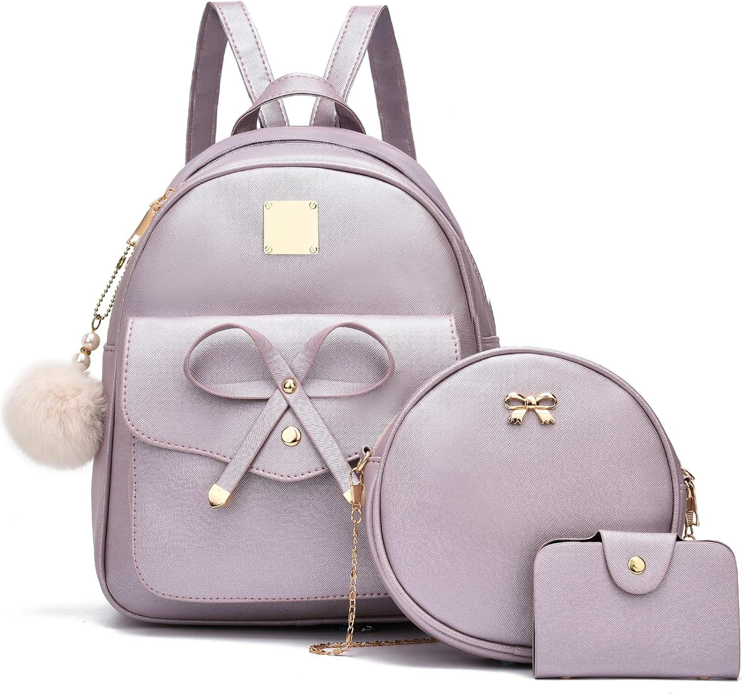3-Pieces Girls Bowknot Fahsion Leather Backpack Backpack Purse for Women Rucksack