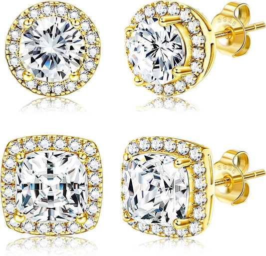 Hayoso 18K Gold Plated Halo Stud Earrings 925 Sterling Silver Cubic Zirconia Stud Earrings Round Square Diamonique Stud