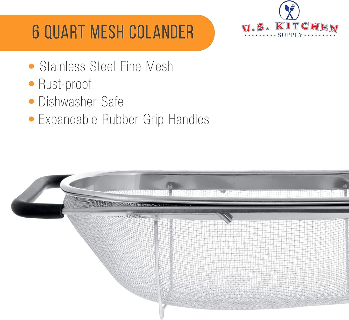 Colander with Expandable Rubber Handles - Rectangular Sieve, Fine Mesh Stainless Steel Strainers and Colanders for Kitchen