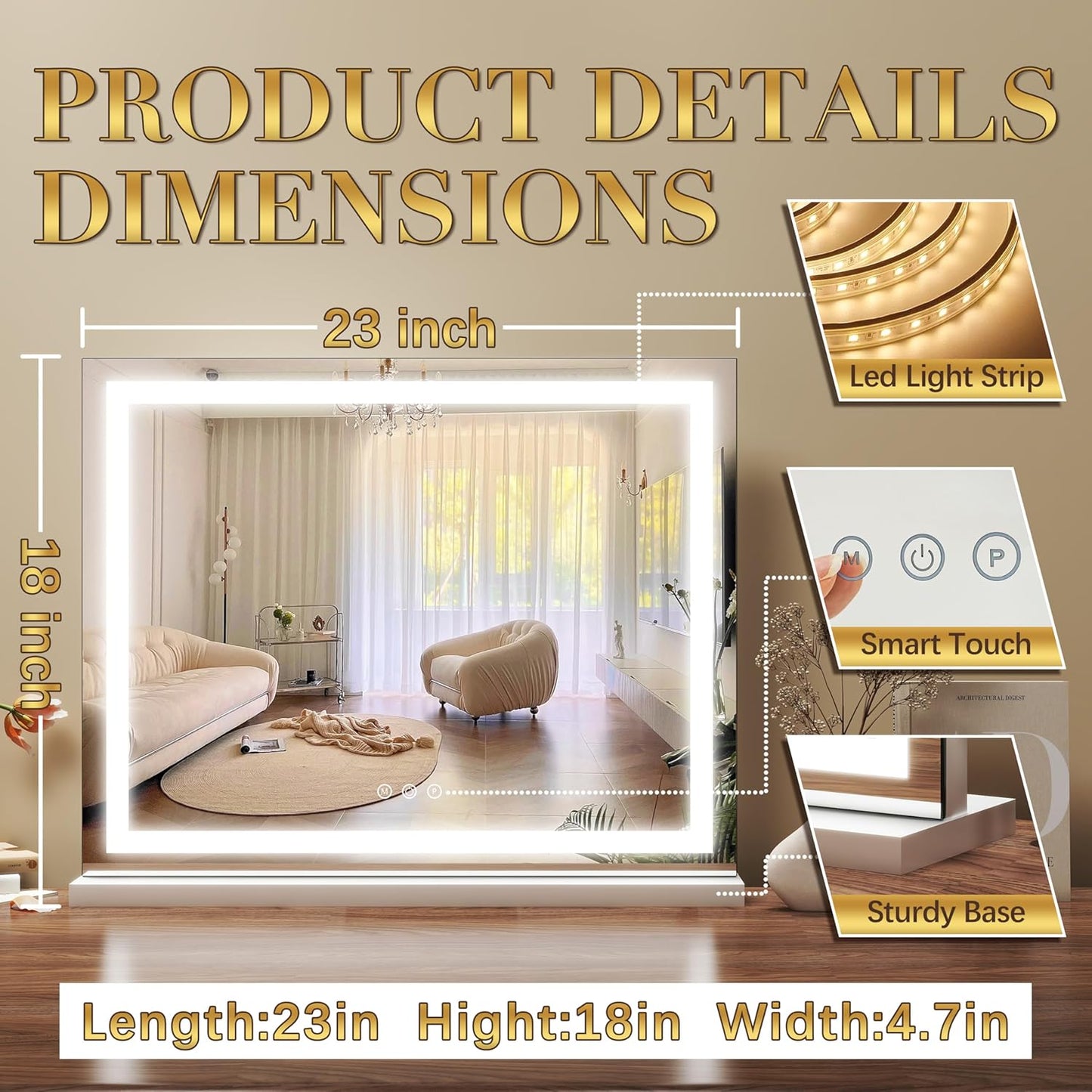 3-Color Dimmable LED & Touch Control - Large Makeup Mirror for Dressing Room (Wall/Tabletop Mount)