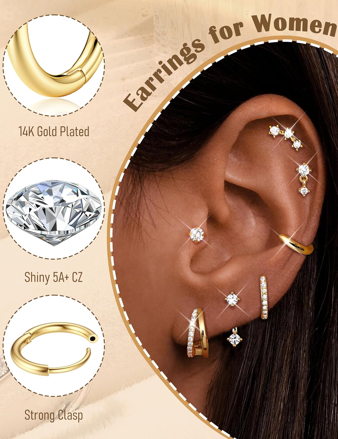 Small Stud Hoop Earrings for Women - 7 Pairs Hypoallergenic 14K Gold Plated Huggie Earring Sets for Multiple Piercing