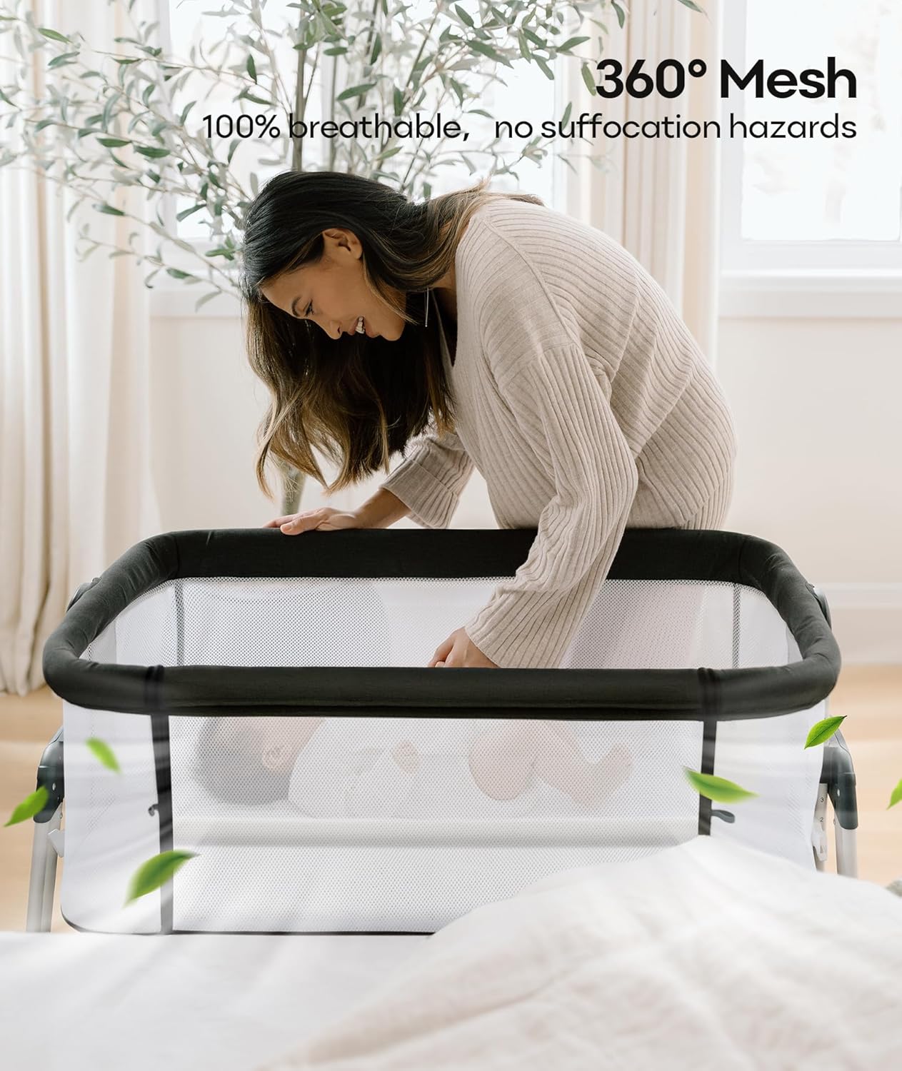 Bassinet Bedside Sleeper with Wheels and Storage Tray,4-Sided Mesh  Easy Folding Bedside Crib
