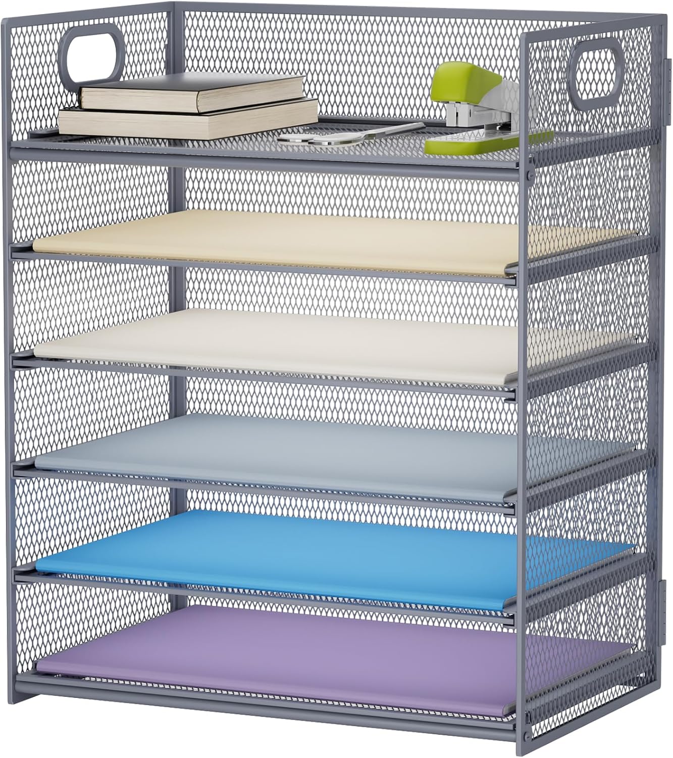6 Tier Paper Organizer Letter Tray - Mesh Desk File Organizer with Handle