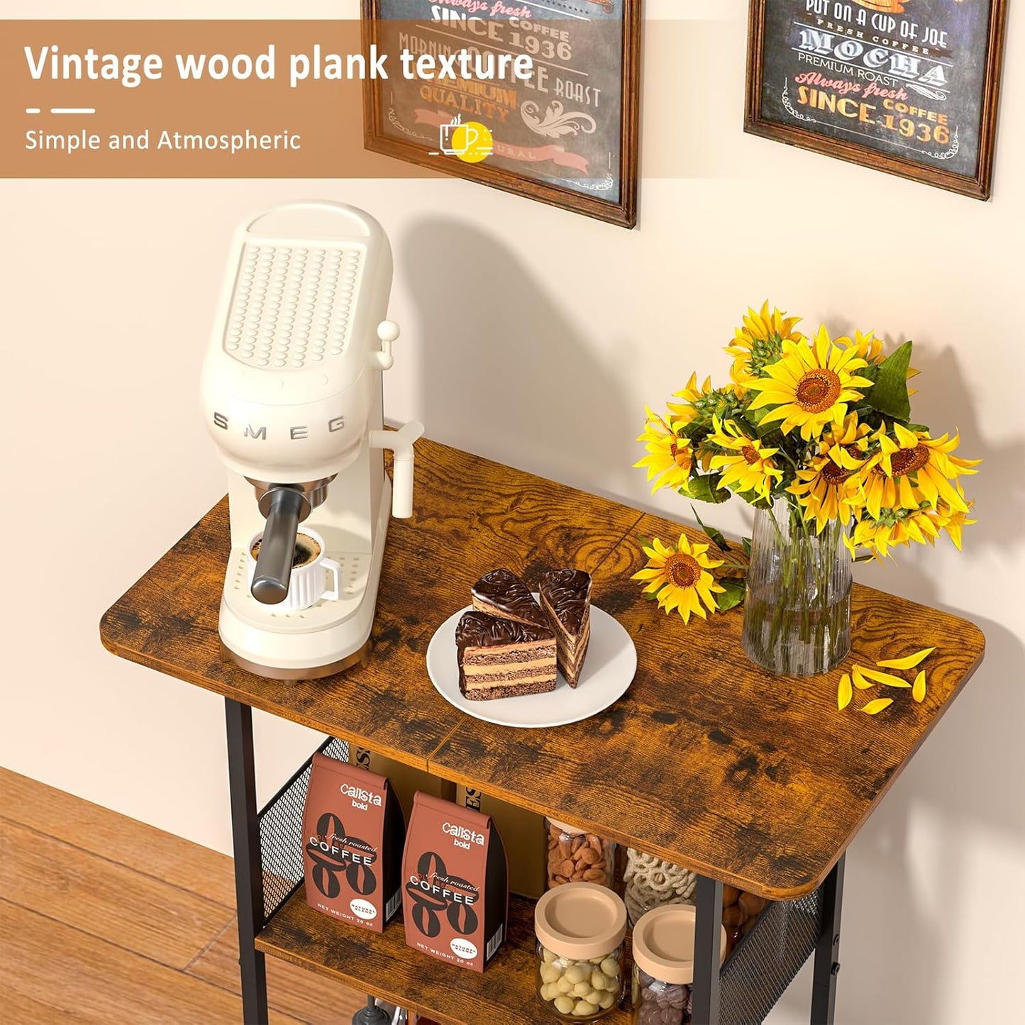 Mini Floor Standing Coffee Bar Shelf,3-Tier Small Coffee Table,Corner Farmhouse Coffee Bar Cabinet;Dining Room