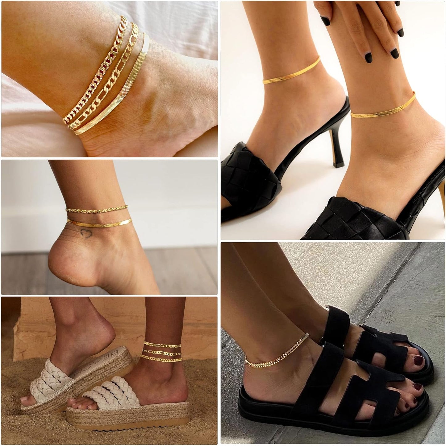 Gold Bracelets - Real 14K Women's Cute Tennis Cubic Beaded Link Paperclip Dainty Bracelet Pack