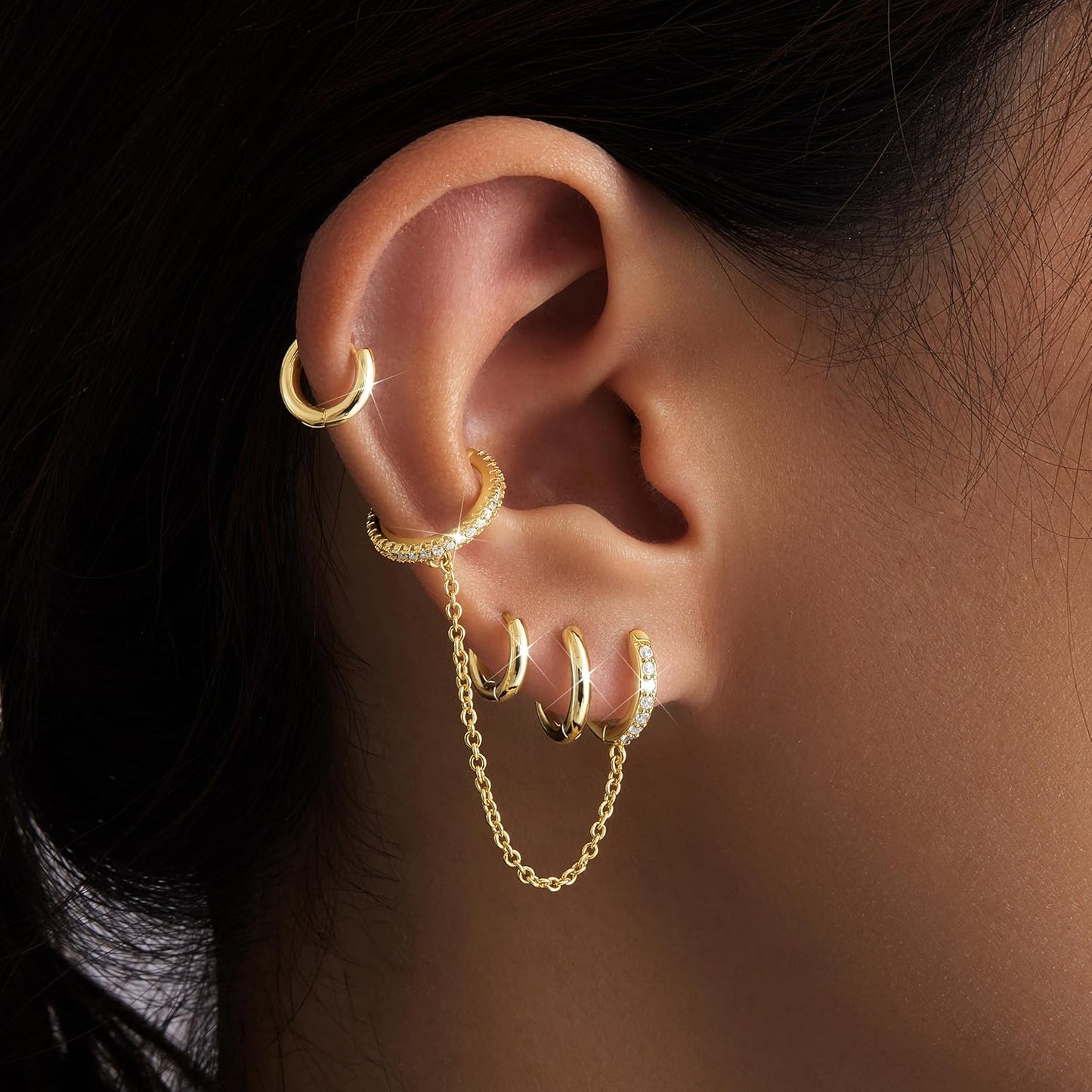 Small Gold Huggie Hoop Earrings Set for Women Men Hypoallergenic 14K Plated Stack Cartilage Earrings, Multiple Piercing