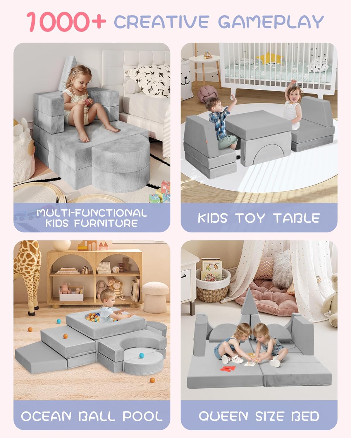 15pcs Modular Kids Sectional, Fort Building kit for Playroom Furniture, Kid Play Couches, Convertible Sofa for Boys & Girls