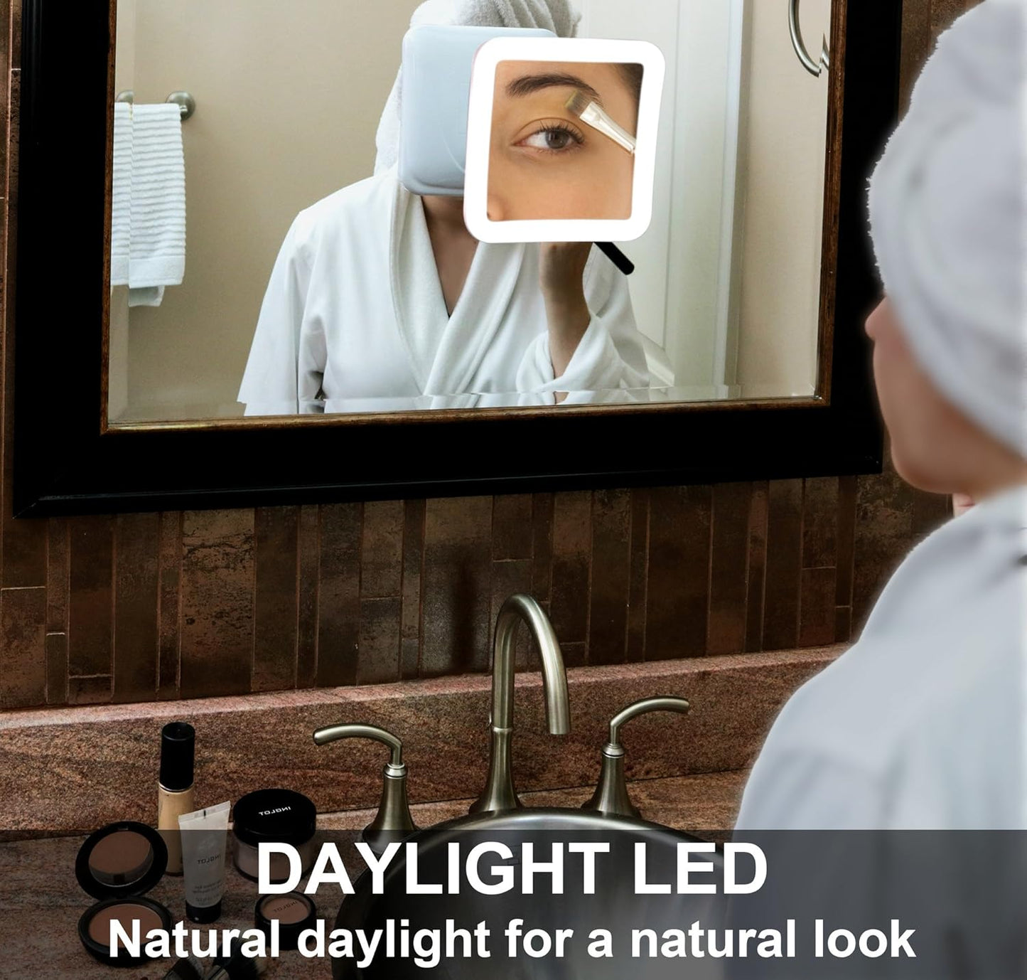 10X Magnifying Lighted Makeup Mirror - Daylight LED Vanity Mirror - Compact, Cordless, Locking Suction