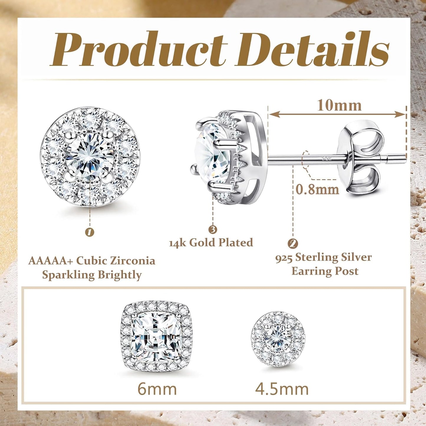 Hayoso 18K Gold Plated Halo Stud Earrings 925 Sterling Silver Cubic Zirconia Stud Earrings Round Square Diamonique Stud