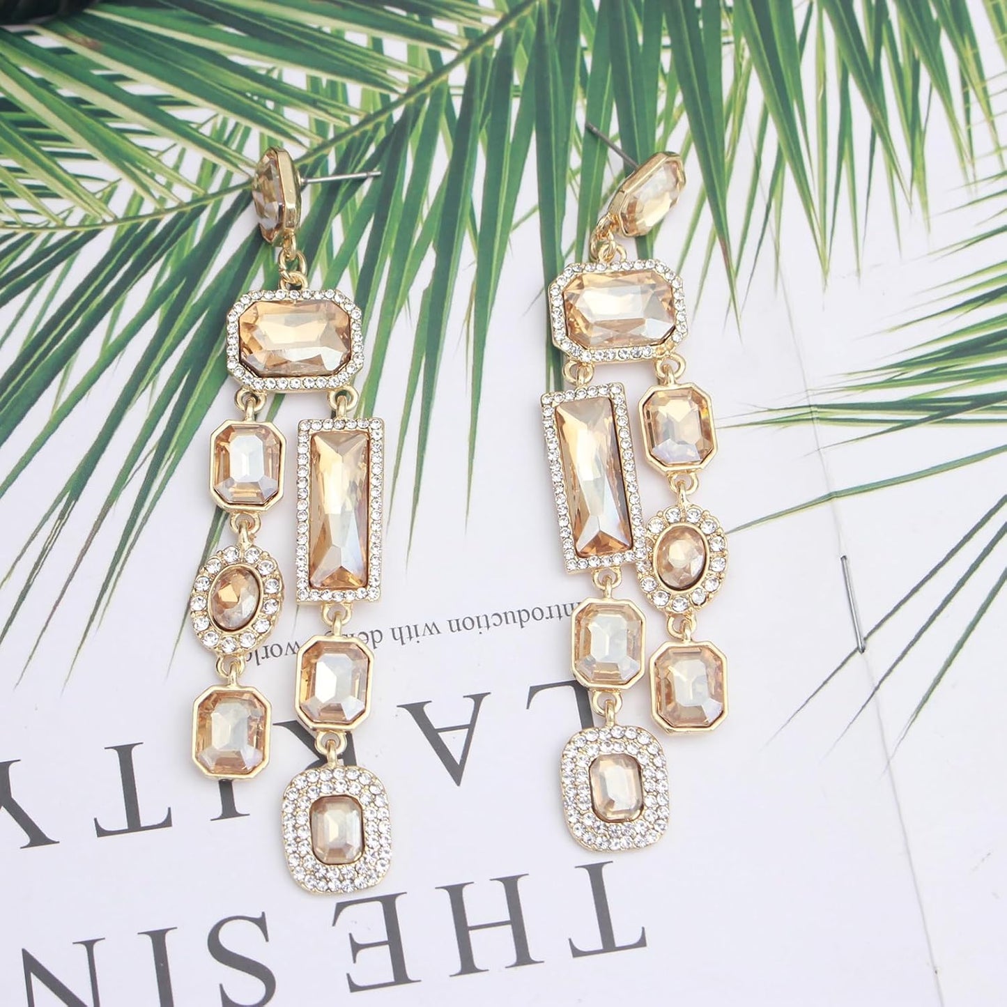 Vintage Rectangle Teardrop Chandelier Earrings, Art Deco Wedding Austrian Crystal Drop Dangle Earrings for Women Party Prom