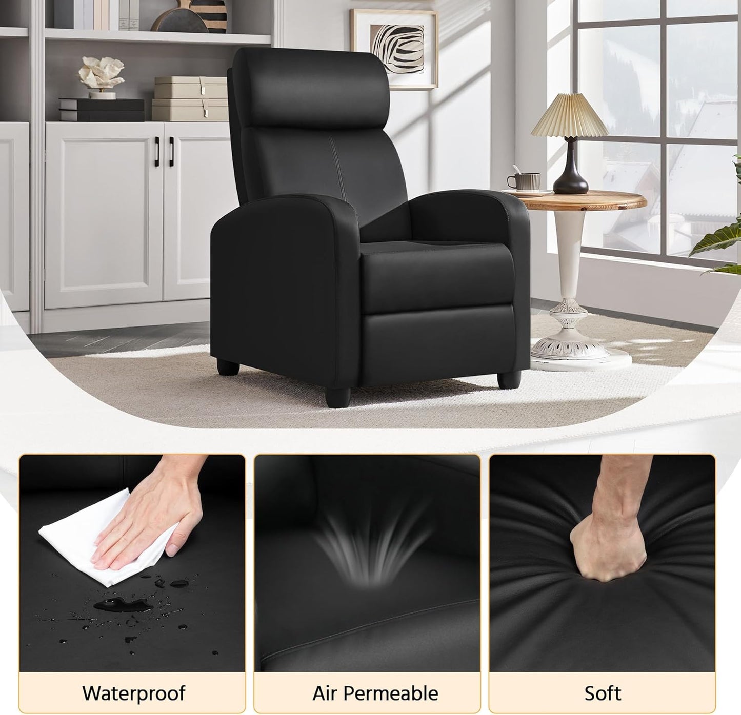 PU Leather Recliner Chair with Lumbar Support - Overstuffed High-Density Sponge Home Theater Seating Armchai