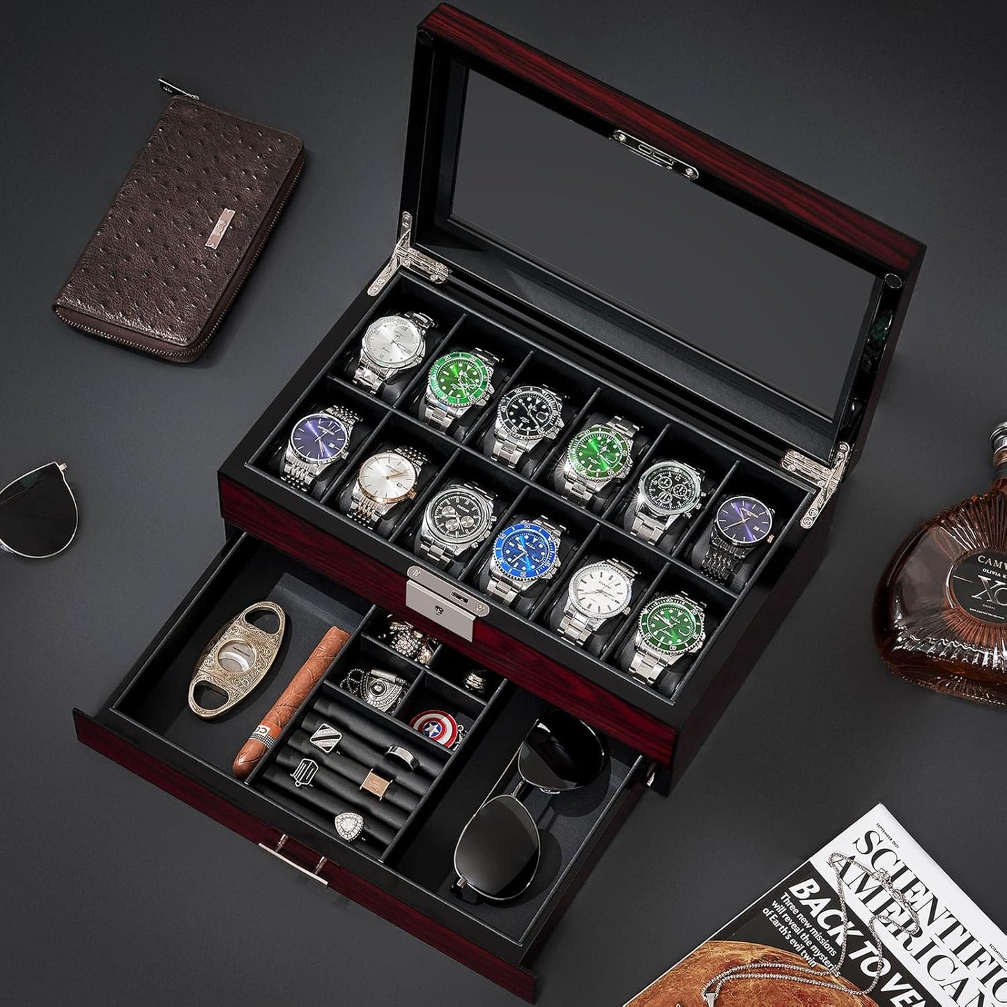 12 Slot Watch Cases for Men, Watch Box with Large Lid Jewelry Box, Watch Holder Organizer Lockable Watch