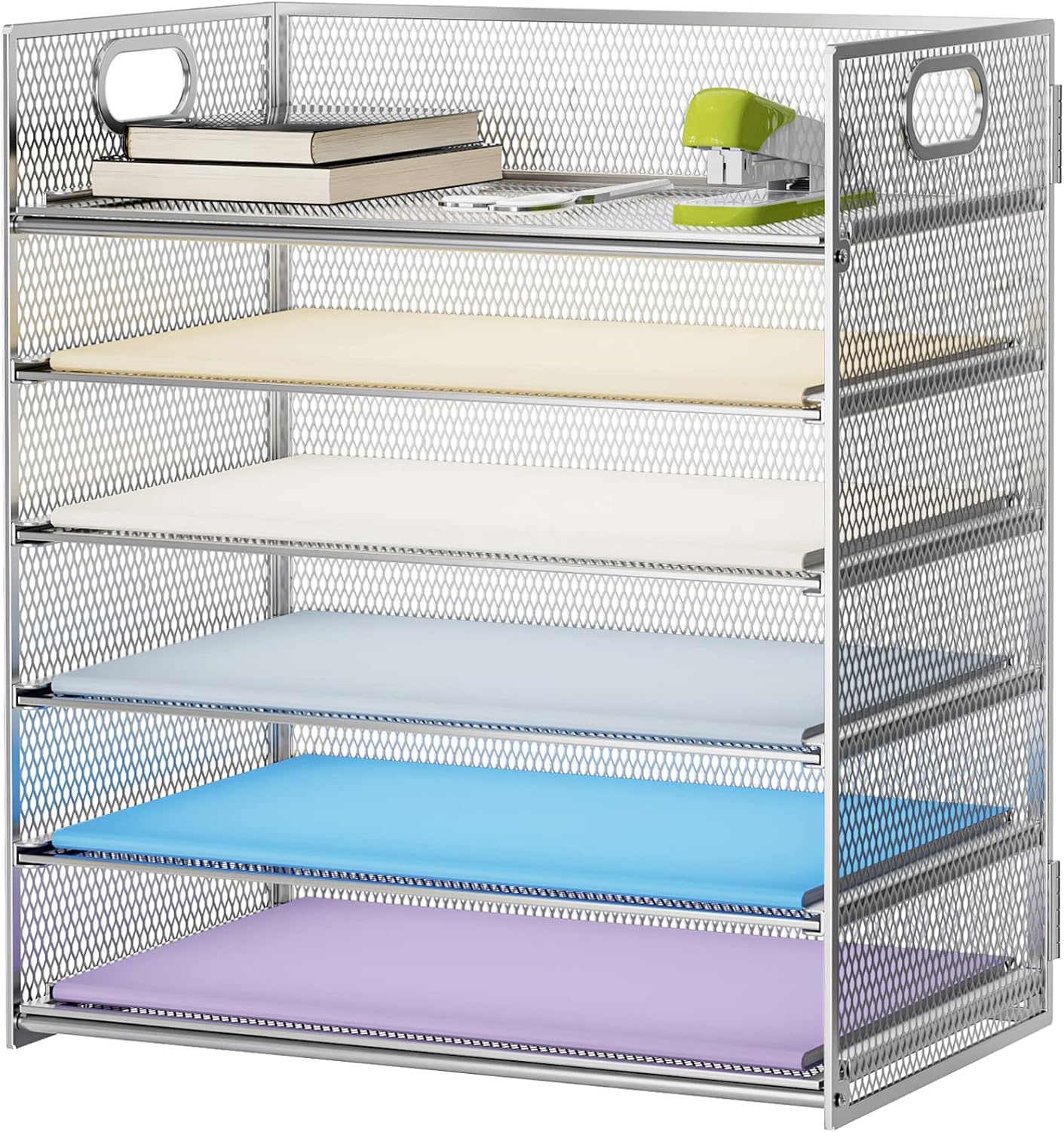 6 Tier Paper Organizer Letter Tray - Mesh Desk File Organizer with Handle