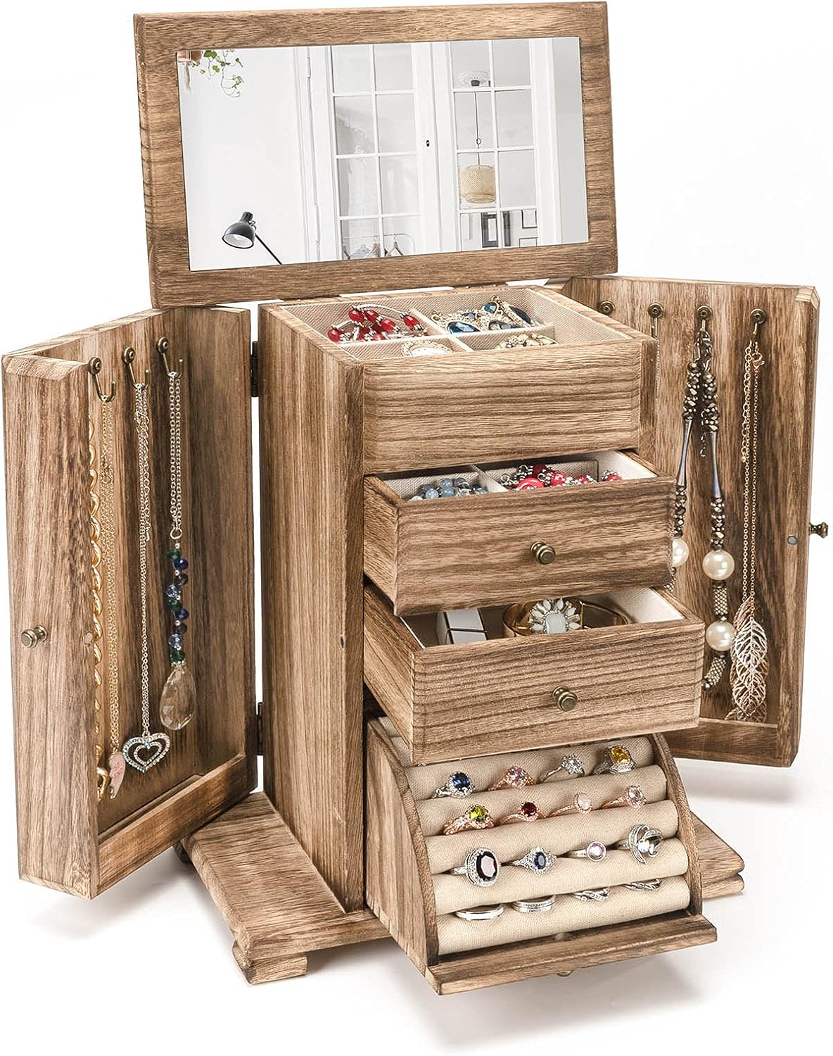 Rustic Wooden Jewelry Boxes & Organizers with Mirror, 4 Layer Jewelry Organizer Box (Rustic Brown)