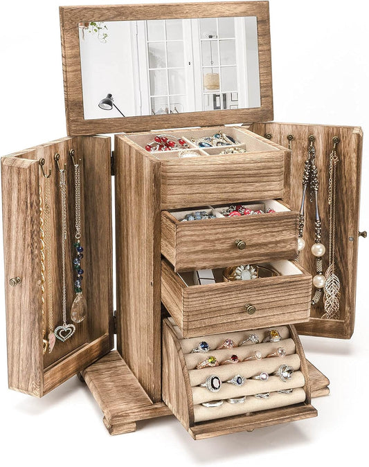 Rustic Wooden Jewelry Boxes & Organizers with Mirror, 4 Layer Jewelry Organizer Box (Rustic Brown)