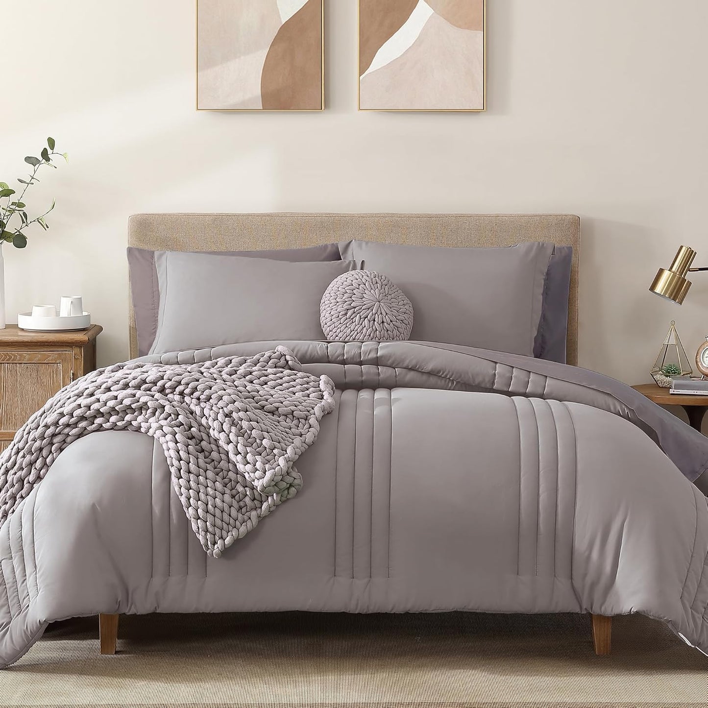 Queen Comforter Set - 7 count Beige Bed in a Bag Queen Bedding Sets , All Seasons