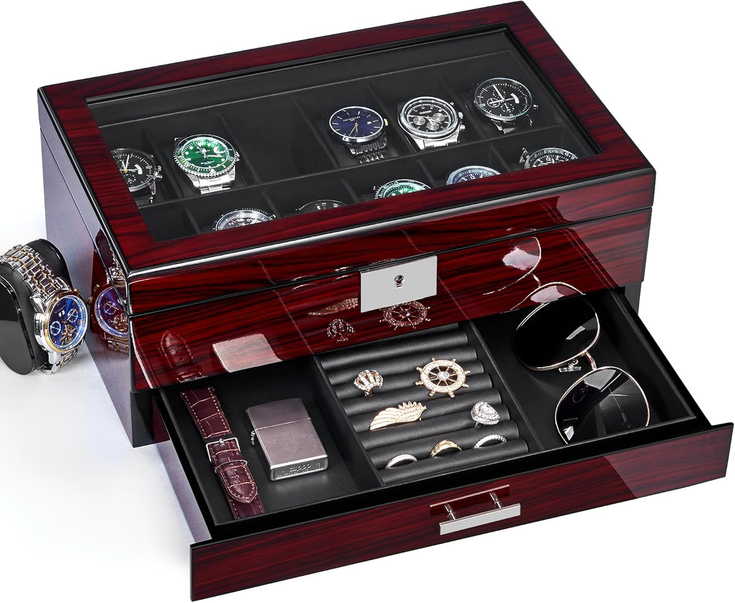 12 Slot Watch Cases for Men, Watch Box with Large Lid Jewelry Box, Watch Holder Organizer Lockable Watch