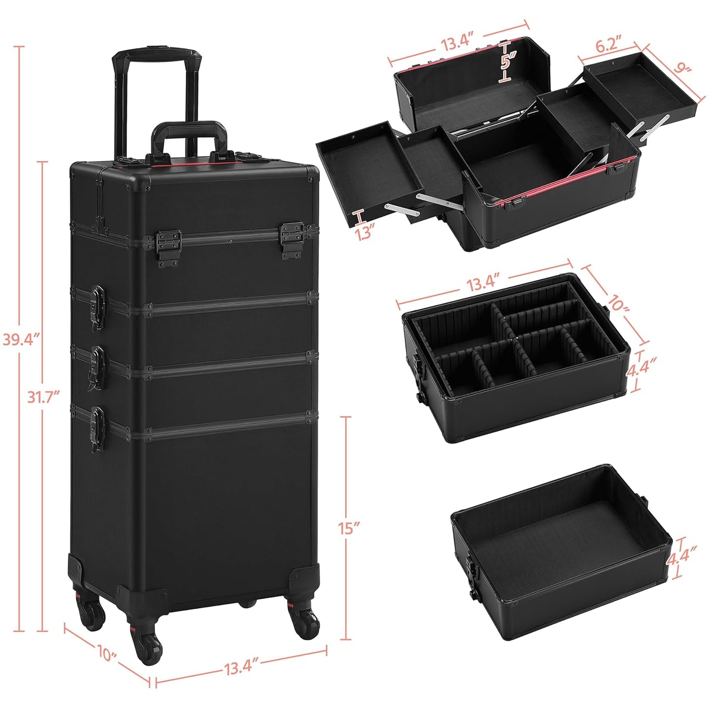 4 in 1 Professional Makeup  Case Aluminum Cosmetic Case Rolling Makeup Case Extra Large Trolley