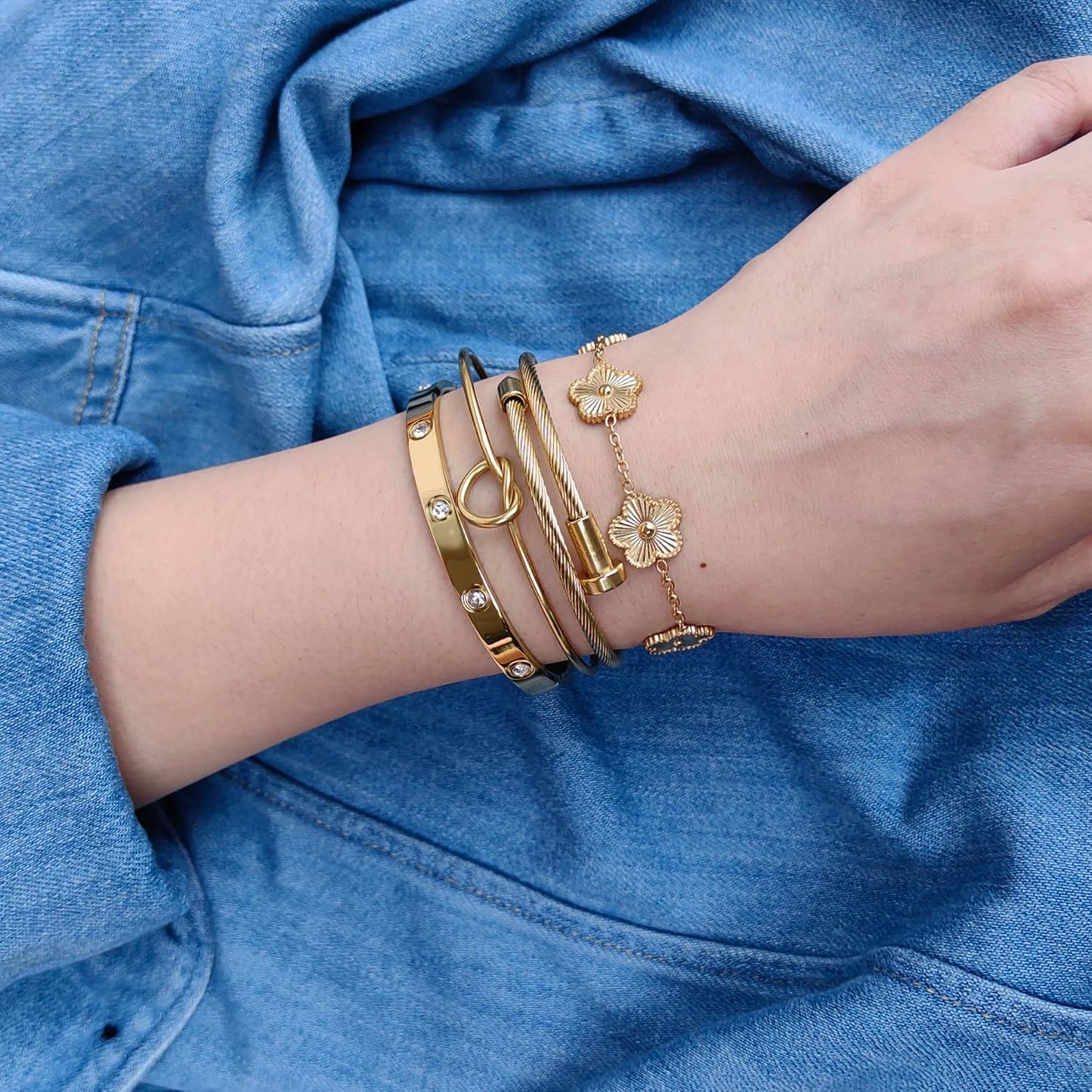 Womens 4Pcs Stackable Floral Gold Bracelets Stainless Steel Bangle Bracelets Non Tarnish Silver Set