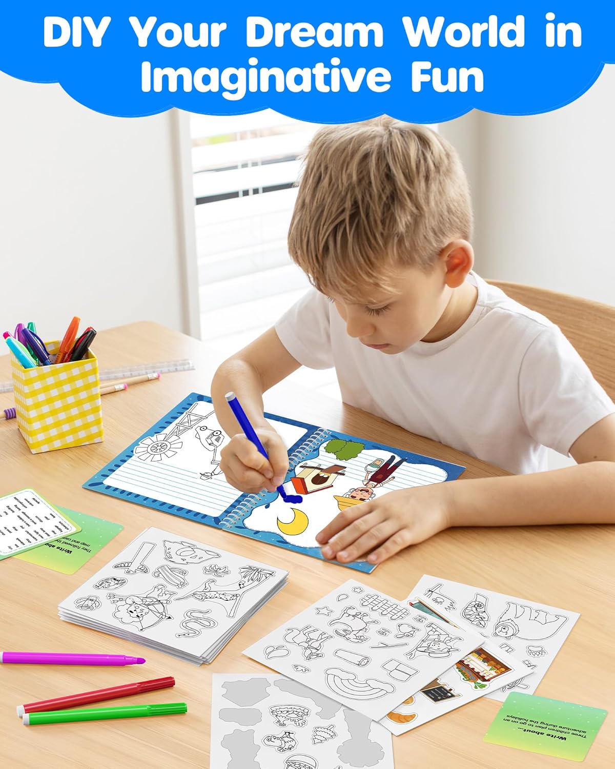 OMOMMD My Storybook Art Kit, Creative Writing & Drawing Activity Set for Boys & Girls, Hardcover Comic Book Making Kit with Stickers, DIY Arts and Crafts Supplies Gifts for Kids Ages 5, 6, 7, 8-12