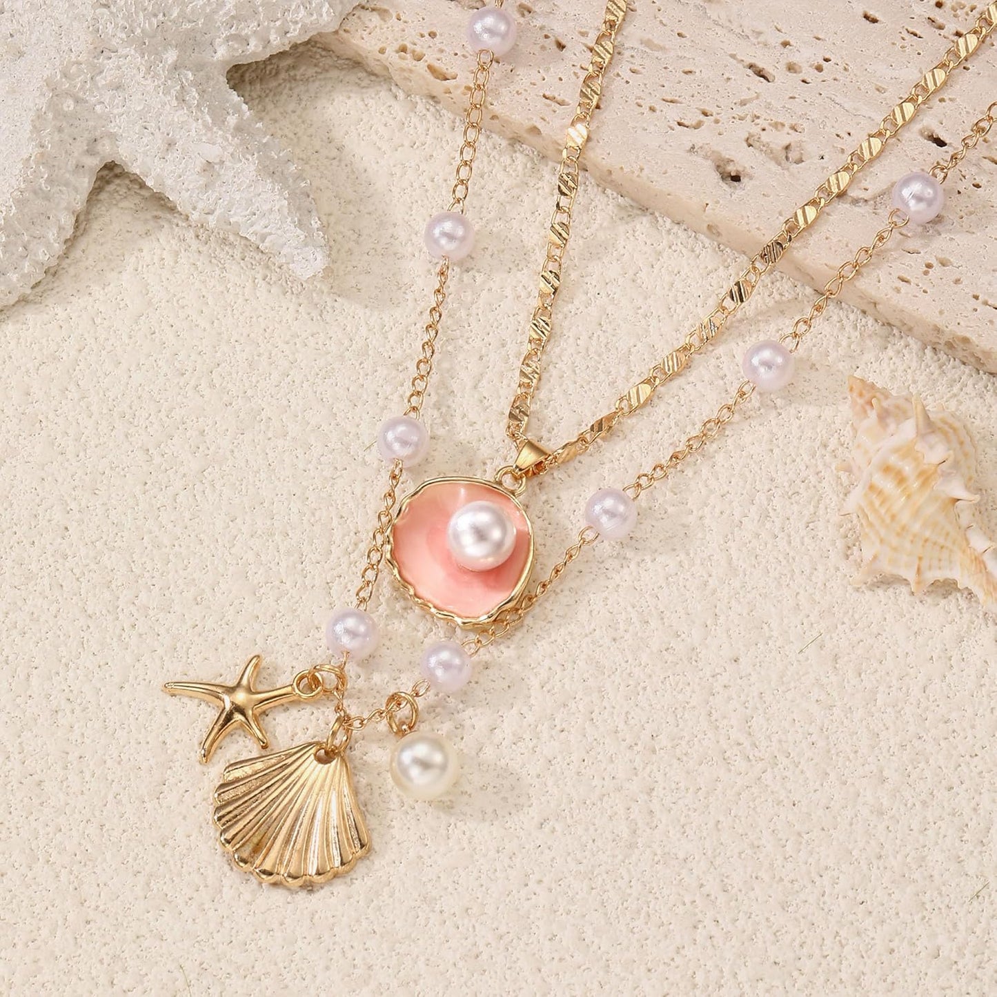 Layered Gold Shell Necklace With Conch & Starfish Pendant - Boho Non-Tarnish Summer Beach Vacation Jewelry Gift For Women