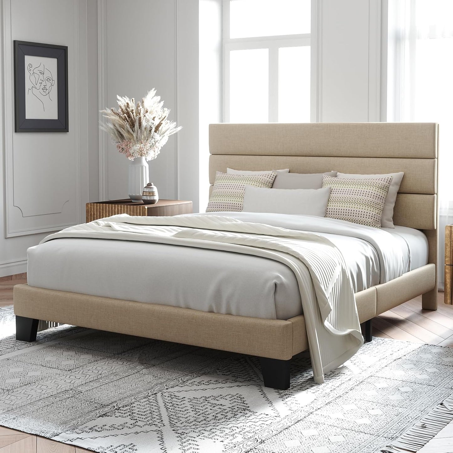 Queen Size, Platform Bed Frame with Fabric Upholstered and Wooden Slats Support, /No Box Spring Needed