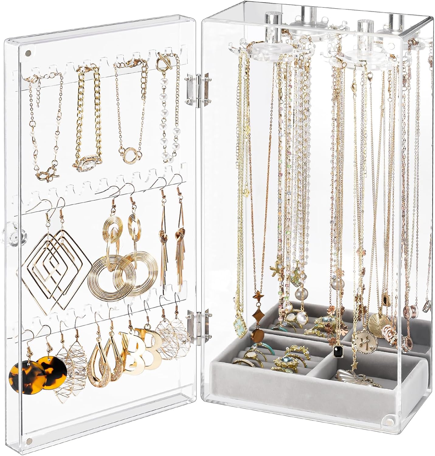 Acrylic Jewelry Organizer with 24 Hooks, Rotating Clear Necklaces Display Box with Built-in Mirror