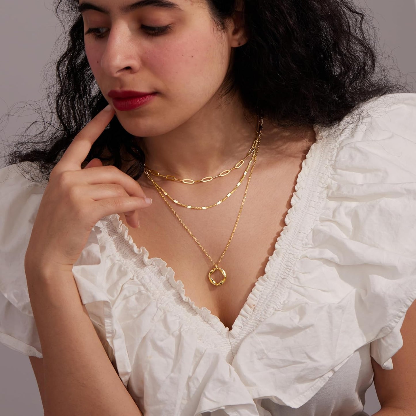 14K Gold Layered Necklace Set – Stackable Paperclip & Circle Pendant Choker for Women