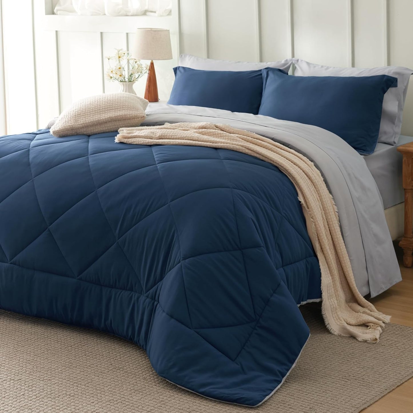 Queen Comforter Set - 7 count Reversible Grey Bedding, Queen Size Bed Set for All Seasonsz