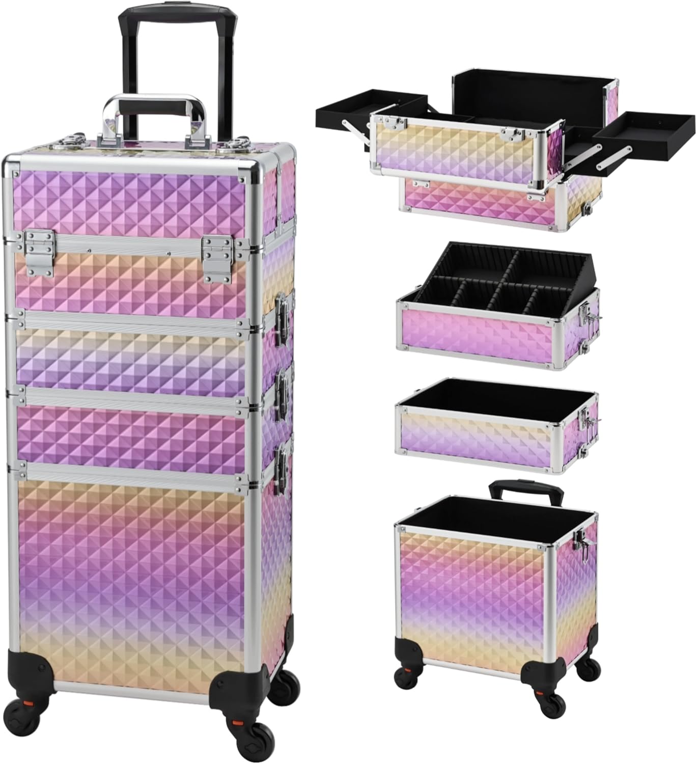 Rolling Makeup Case, 4-in-1 Cosmetology Case on Wheels, Nail Tech Cart for Trave