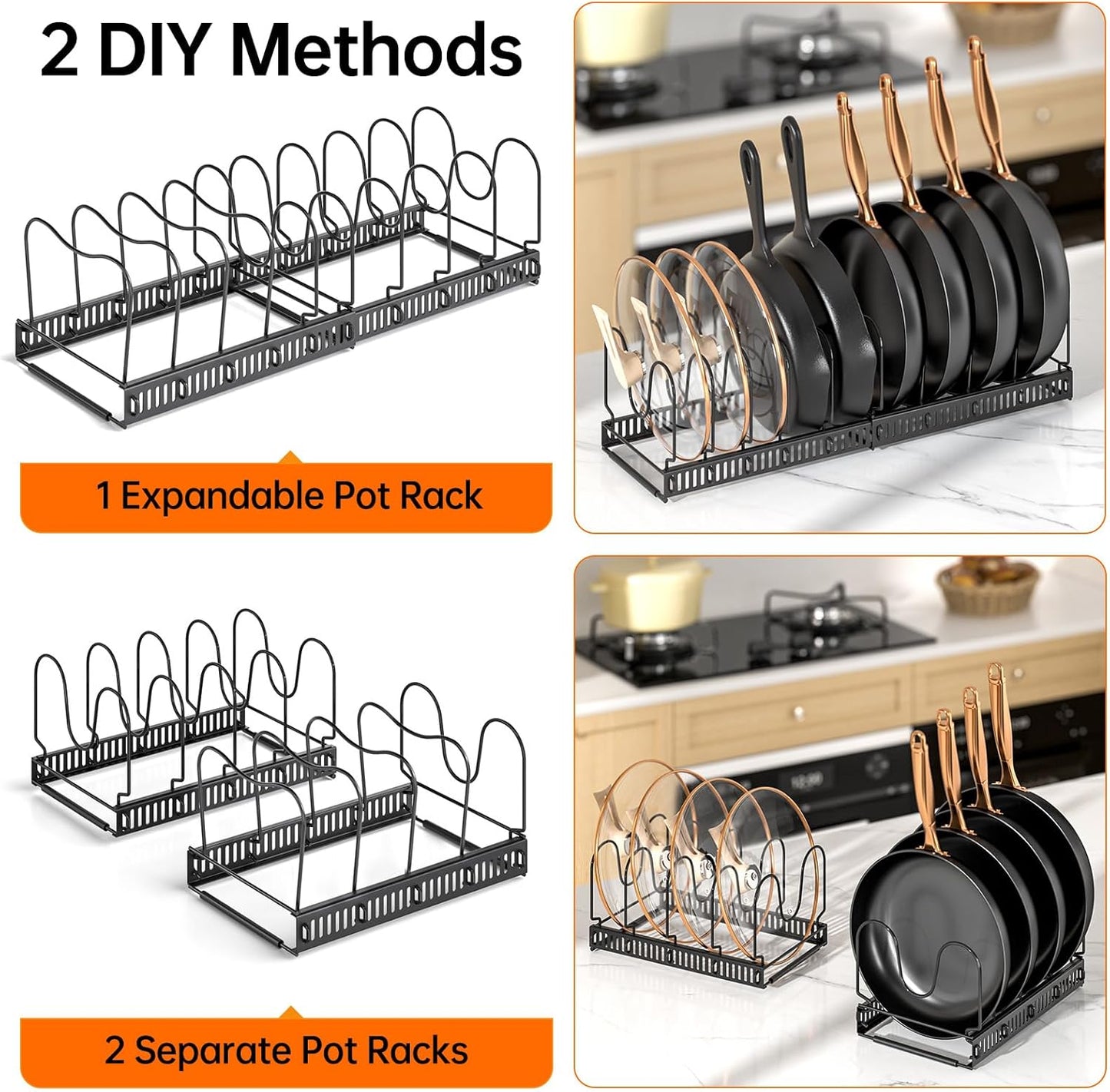 Pots and Pans Organizer Rack for under Cabinet,  Cabinet Organizer Holder with 10 Adjustable
