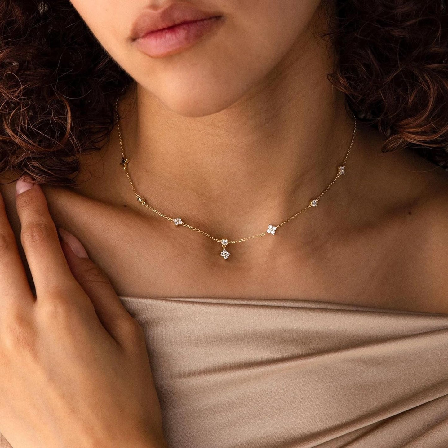 Women's Charm Cluster Choker Necklace - Clover, Heart, Pearl, Butterfly & Star Flower 14K Gold Plated, Cubic Zirconia, Adjustable Trendy Gift