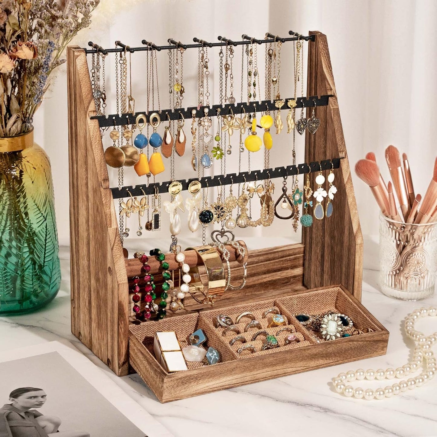 Jewelry Organizer Stand, 5 Layer Earring Holder Organizer with Necklace Holder, Organizer Display