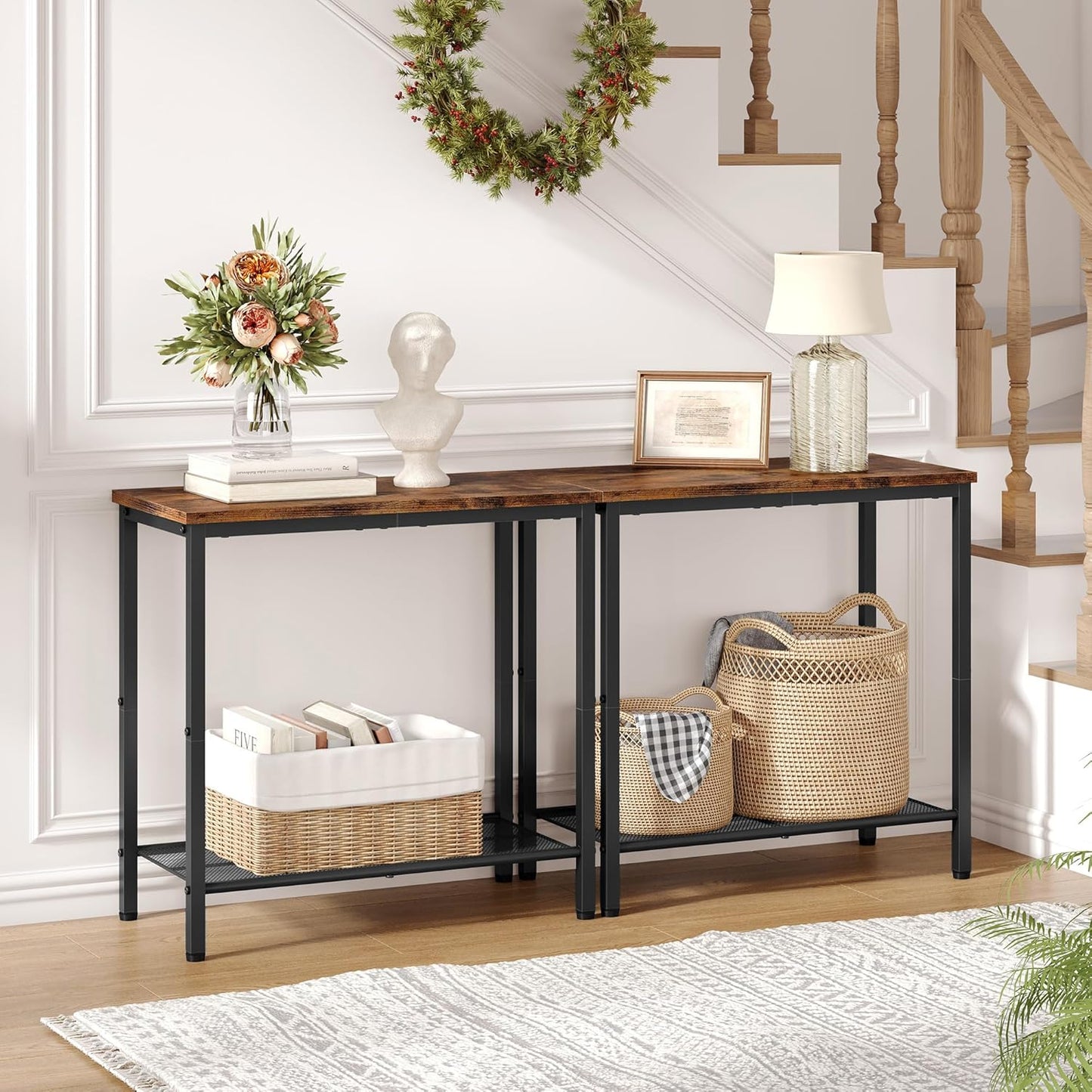 2 Tier End Table, Sofa Side Table, Slim Nightstand for Small Spaces, Metal Frame