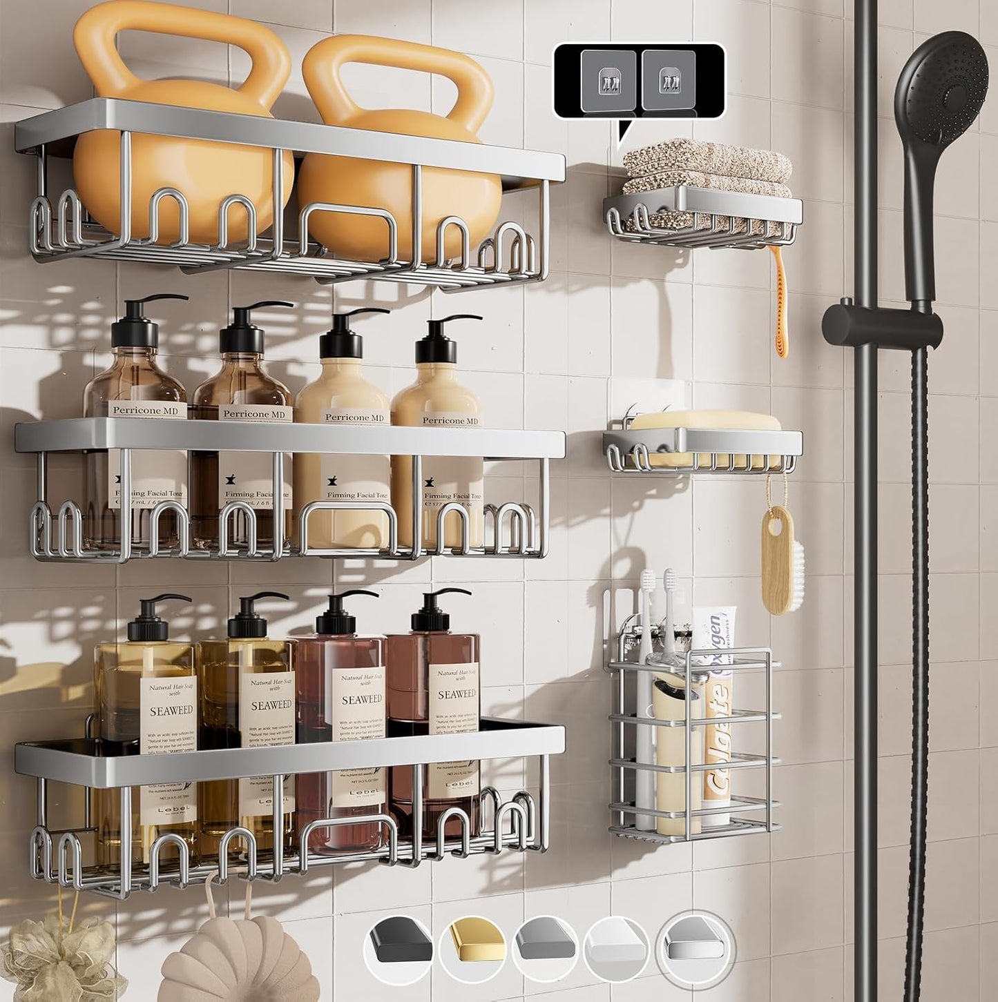 Shower Caddy 6-Pack, No Drilling Adhesive Shelves, Rack with Soap Holder,  Organizers and Storage
