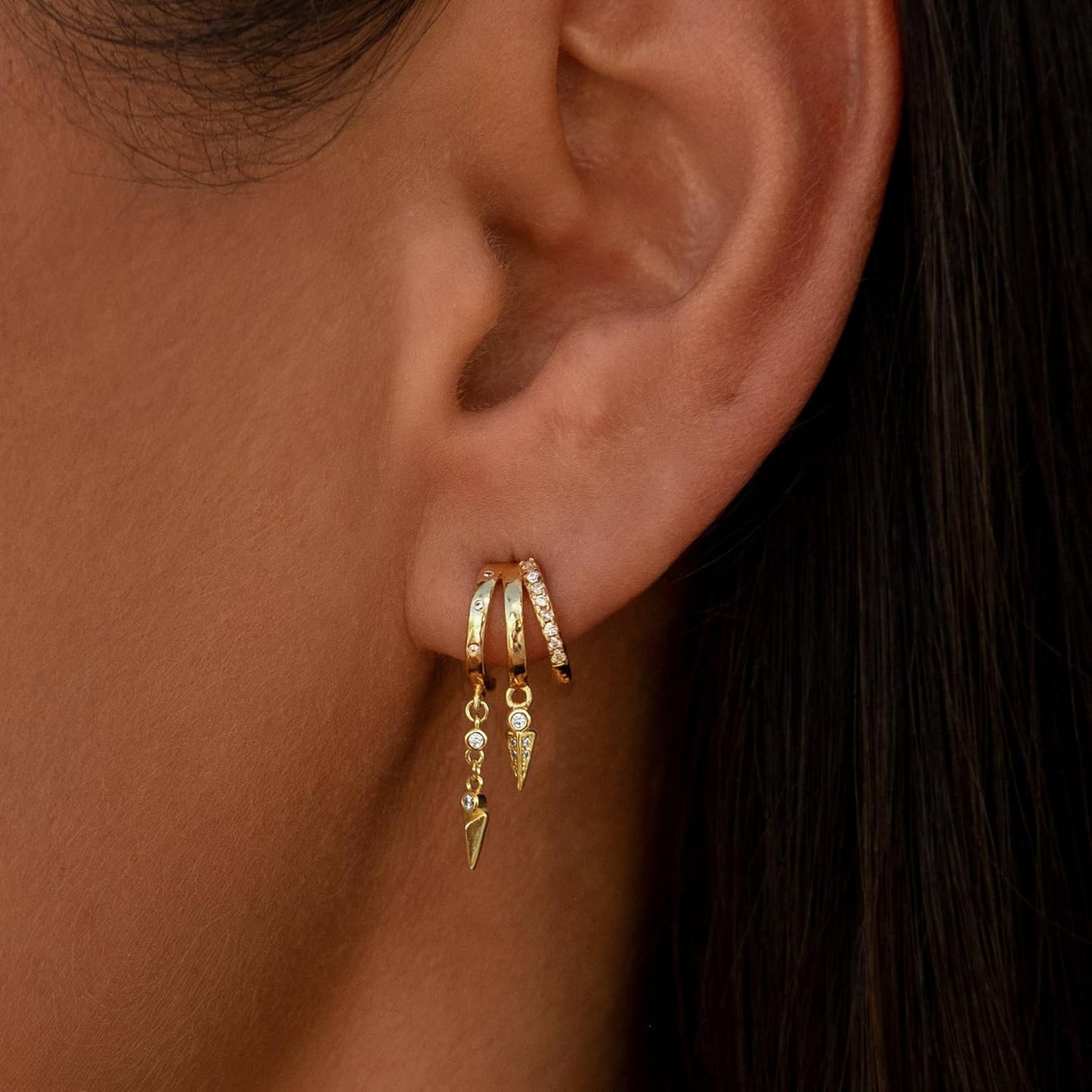 Dangle Earrings for Women,14k Gold Plated Triple Huggie Stud Earrings Cute Statement Chain Earring Dainty Drop