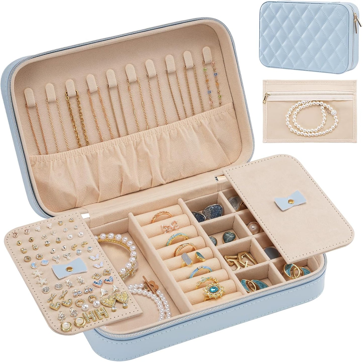 Travel Jewelry Organizer Box with Mirror & Clear Storage Bag, Small Portable Traveling Earring Necklace Bracelet Ring Case