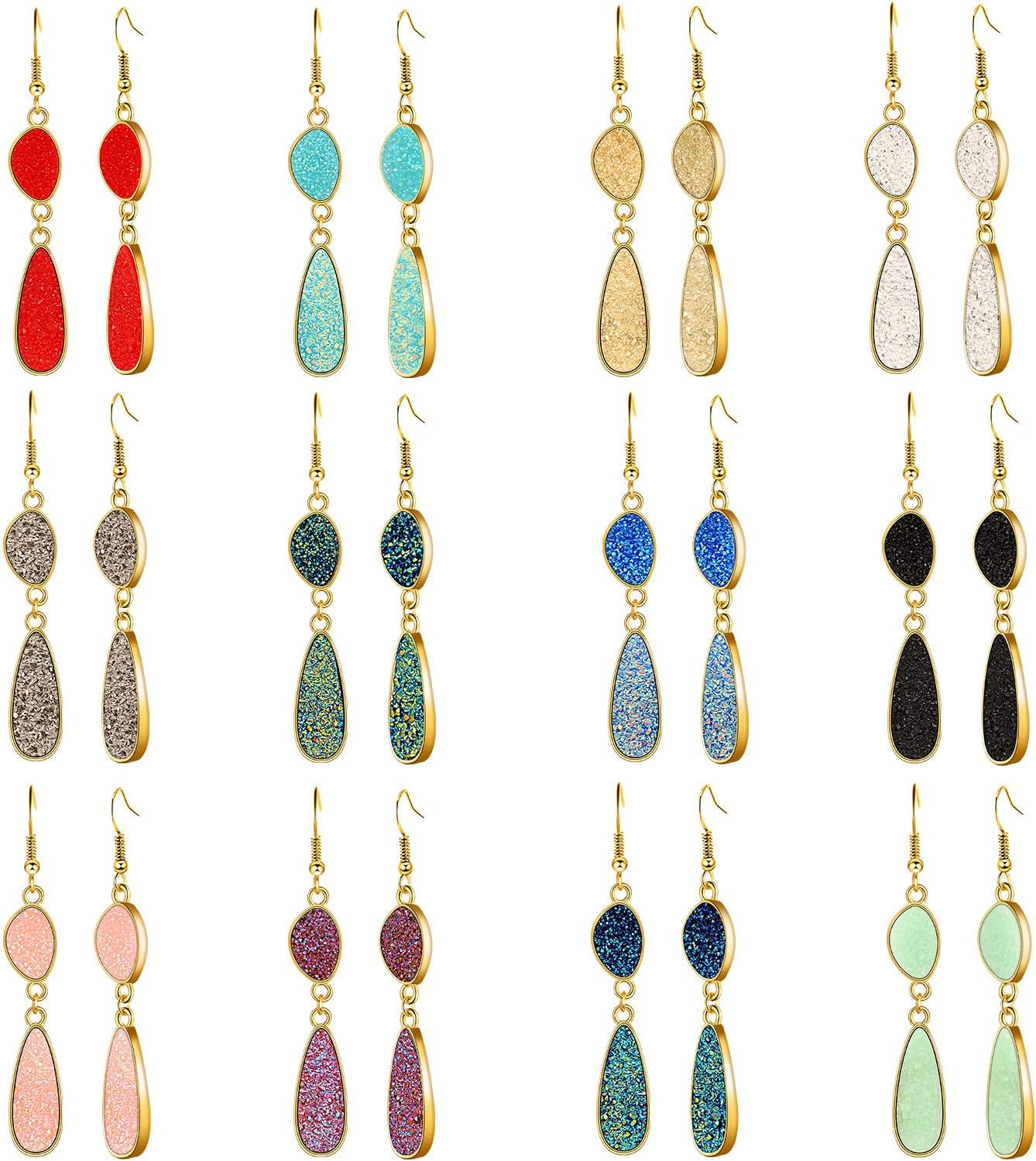 12 Pairs Faux Druzy Drop Earrings Crystal Pendant Dangle Multicolor Stainless Steel Earrings for Women