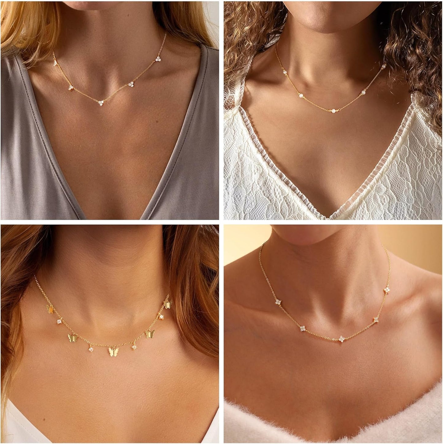 14K Gold Plated Charm Choker Necklace with Pearl & Clover, Cubic Zirconia Dainty Trendy Jewelry Gift for Women
