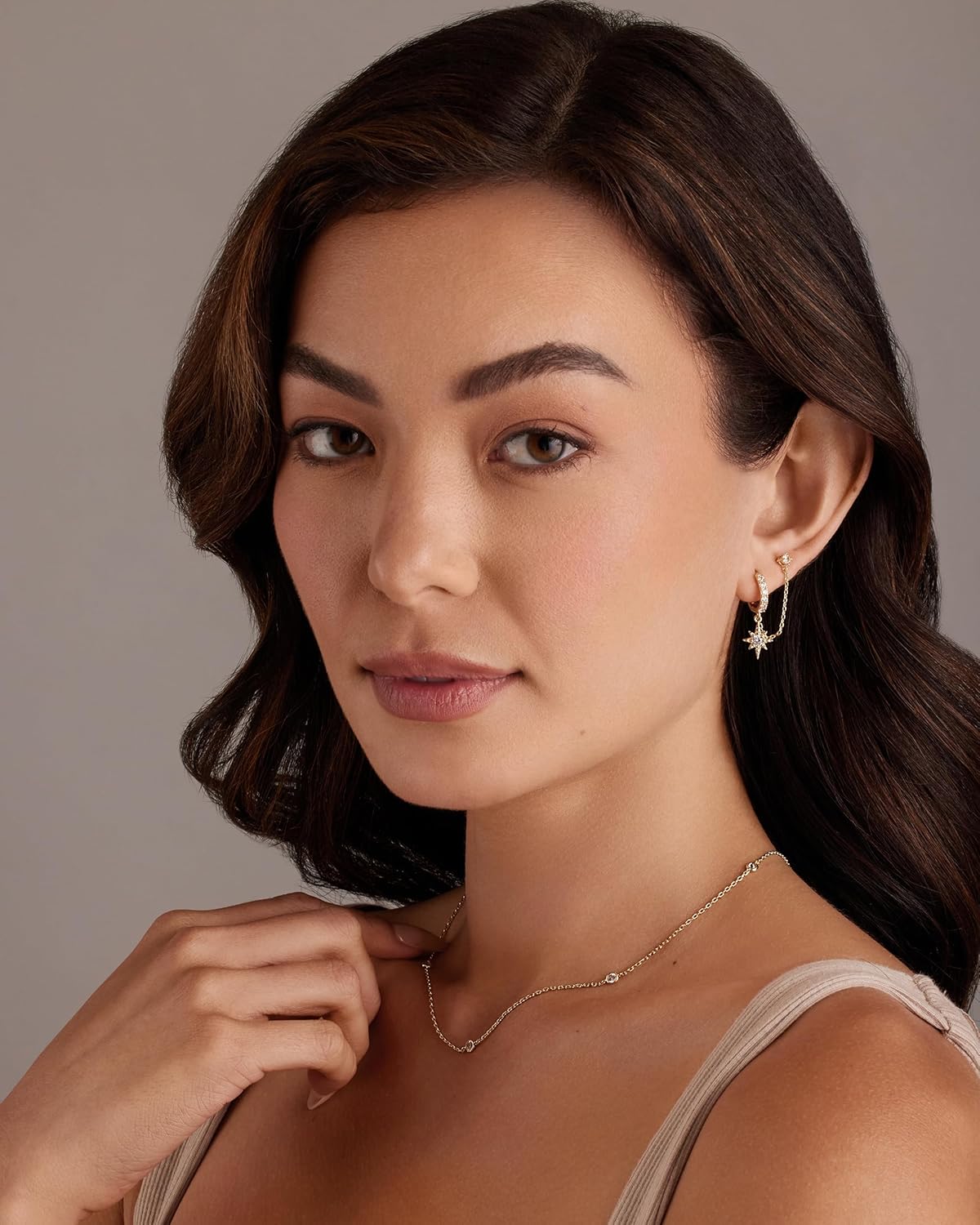 14K Gold Chain Earrings for Women | Double Piercing Dangle Chain Huggie Hoop Earrings | Cubic Zirconia Pearl Stud Ear Cuff Earrings for Women