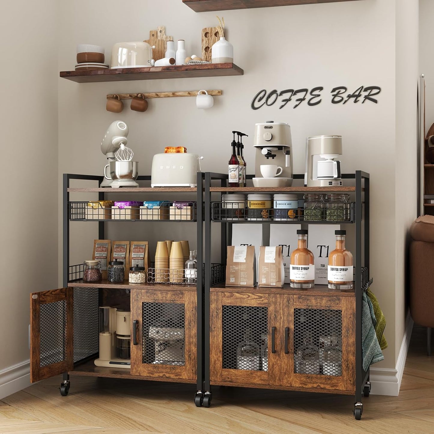 3 Tier Coffee Station Table on Wheels, 35.9" H Bar Cart with Wire Basket Drawer & 5 Hooks for Home Kitchen