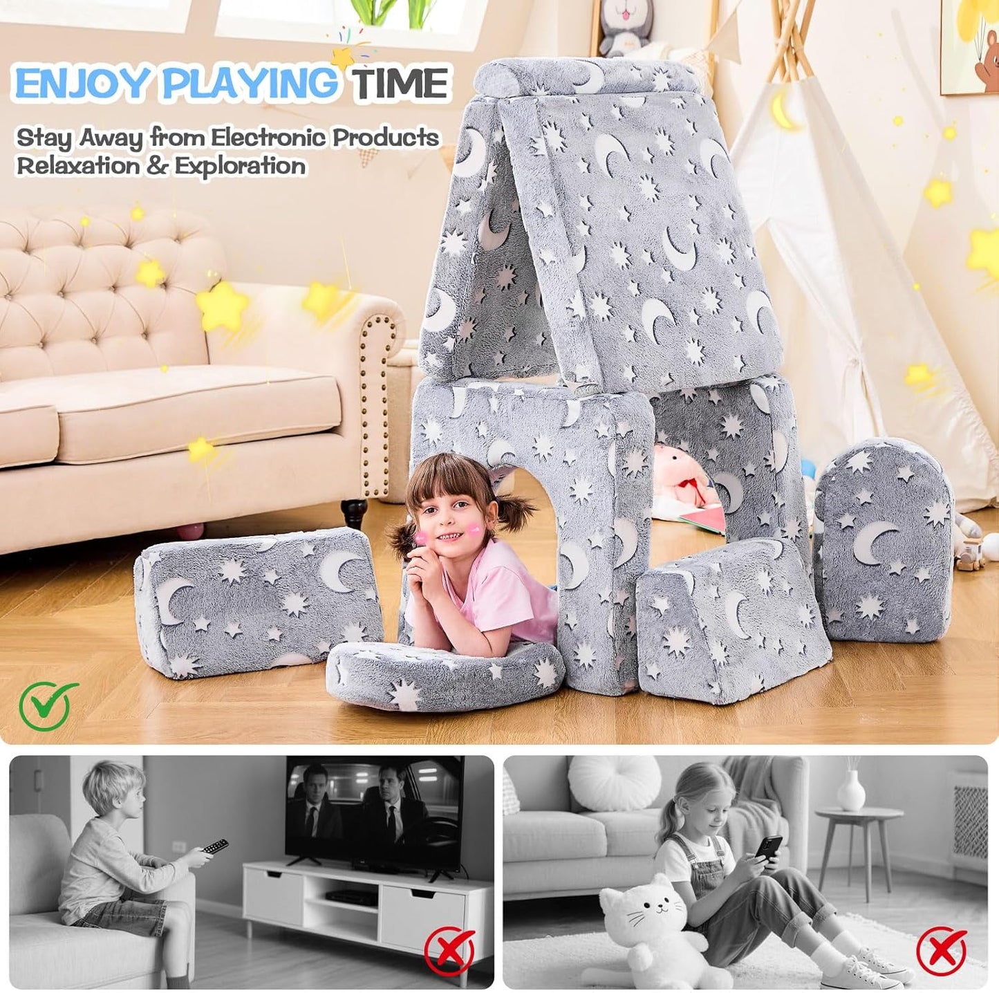Modular Kids Sectional,Bedroom and Playroom Furniture,Convertible Foam and Floor Cushion ,Glow in The Dark