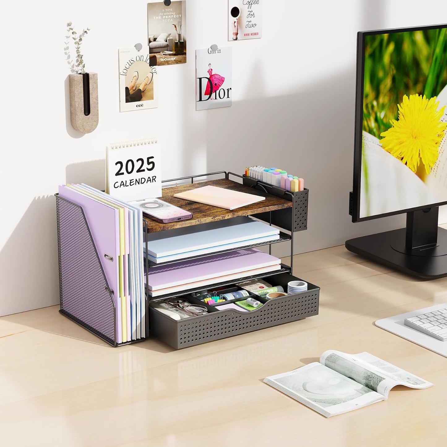 OMOMMD Wood Desk Organizers and Accessories with File Holder, 4-Tier Desk Accessories & Workspace Organizers with Drawer and Pen Holder, Paper Organizer for Office Supplies (Wood)
