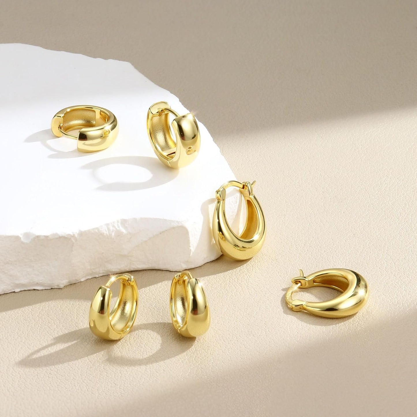 3Pairs 925 Sterling Silver, 14K Gold Plated Small Huggie Hoop Earrings Sets for Multiple Piercing CZ Cartilage Earrings Stacks
